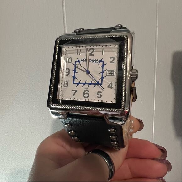 Montana Silversmiths black leather stud square face barbed wire wrist watch NIB main image 4